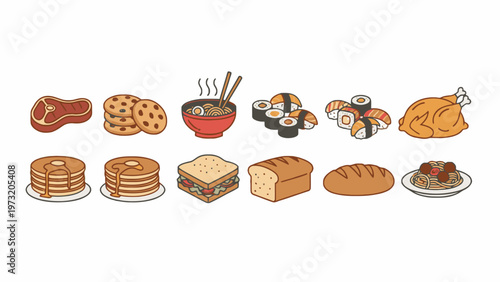 Assorted Food Icons Set with Sushi Ramen Pancakes and Roast Chicken