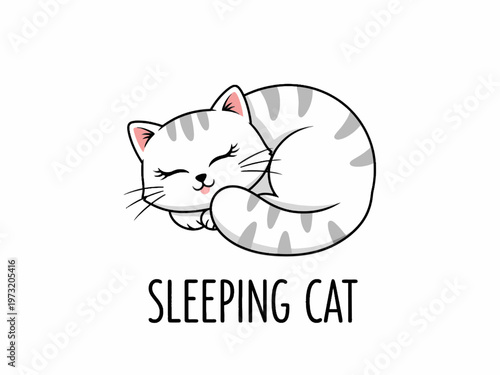 Sleeping cat curled up vector illustration with text