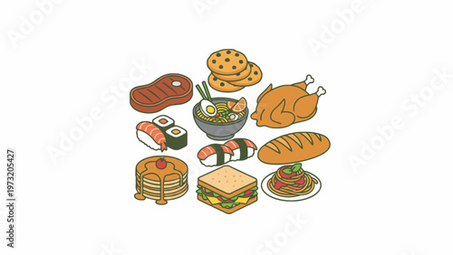Food illustration set of sushi ramen steak and international dishes