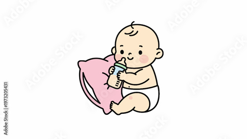 Infant character holding milk bottle leaning on pillow