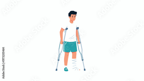 Man with broken leg using crutches and bandage vector illustration