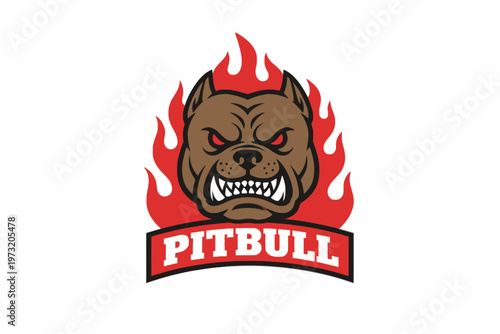 Pitbull Dog Mascot Logo with Fire Flames and Red Banner