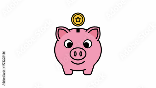 Piggy Bank Illustration with Gold Star Coin on White Background