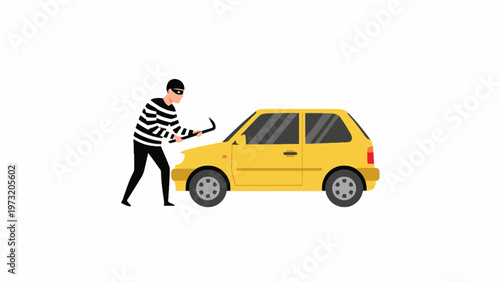 Thief breaking into a yellow car using a crowbar isolated on white