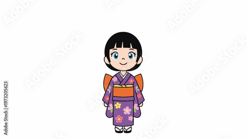 Japanese Girl Character Wearing Purple Floral Kimono on White