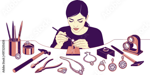 Vector Illustration of a Jewelry Maker Crafting Rings, Necklaces, and Pendants with Tools and Gems