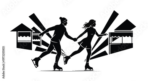 Ice skating couple holding hands glides gracefully across the ice, depicted in a black and white illustration with stylized market stalls or buildings in the background.