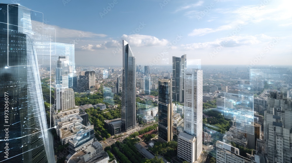 Fototapeta premium Modern Urban Landscape with Skyscrapers and Digital Overlay in a City Skyline under Clear Blue Sky