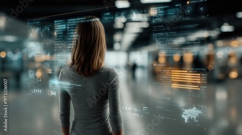 Woman Interacting With Futuristic Holographic Display Showing Data and Analytics in Modern Office