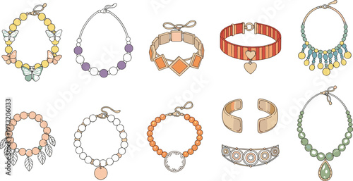 Jewelry Necklace and Bracelet Collection Featuring Elegant Beaded Accessories Fashion Chains Charms and Decorative Ornaments for Luxury Style Illustration Set