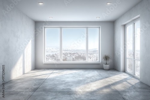 Empty modern minimalist interior room with large windows overlooking a snow-covered winter landscape