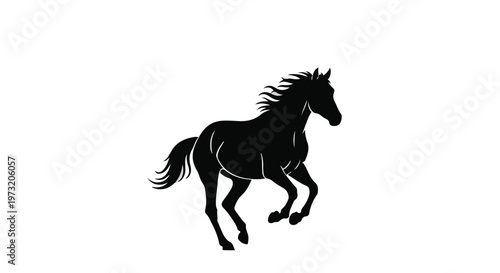 Horse silhouette in a dynamic galloping pose is depicted in solid black against a stark white background, emphasizing its powerful and graceful movement.