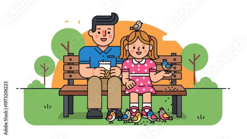Man and Girl Sitting on Bench Together.