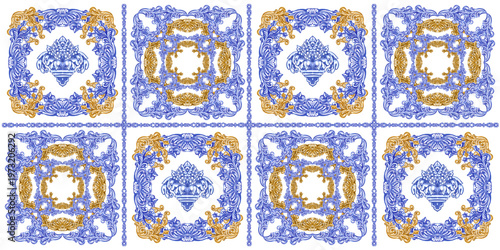 Vector decorative pattern blue and white design with frame or border. Baroque Vector mosaic. Traced watercolo. Capri Majolica	
