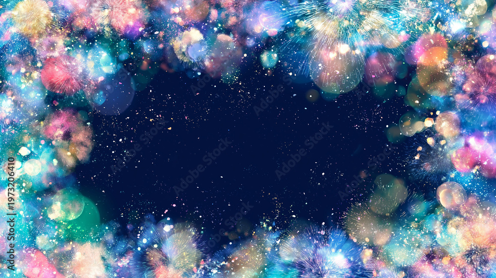 Fototapeta premium Colorful fireworks background with copy space, vibrant festive design,カラフルな花火の背景素材 コピースペース付きの華やかなデザイン