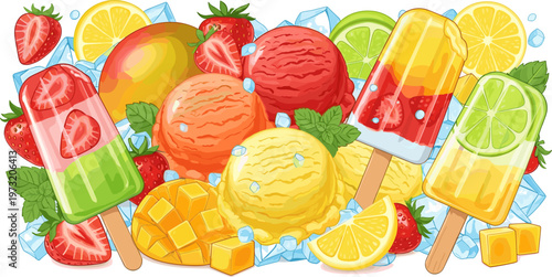 Vector Illustration of Colorful Ice Creams, Fruit, and Ice Cubes, Refreshing Summer Dessert Design