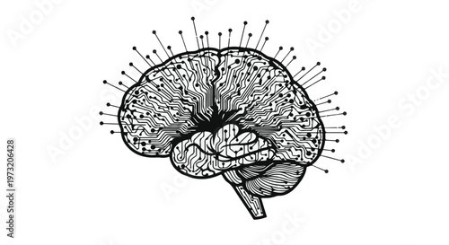 Human brain illustration, rendered with intricate circuit-like patterns, features numerous sharp pins protruding from its surface, symbolizing mental stress, information overload, or complex thought.