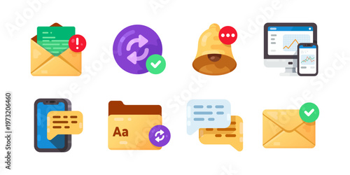 vector illustration of Digital Messaging and Notification Icons Set for Email, Chat, Alerts, Sync and Analytics Interfaces.