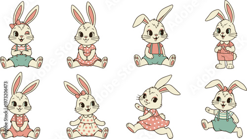 Cute Cartoon Bunny Set Featuring Soft Pastel Colors and Playful Poses for Children's Illustrations and Easter Designs.