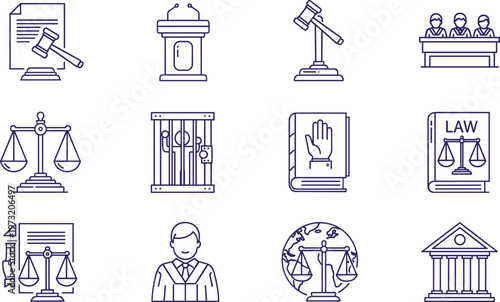 Law and Justice Line Icon Set Featuring Court Gavel Scales Prison Judge Legal Books and Judiciary Symbols for Legal System Illustration Design Collection