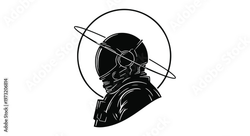Astronaut profile silhouette is framed by a circular orbit line representing cosmic exploration and the vast unknown of deep space.
