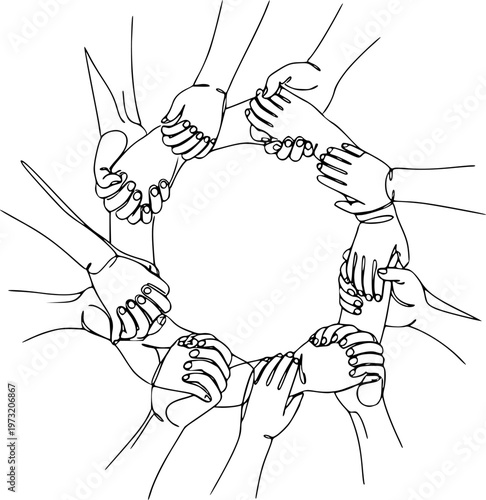 Continuous One Line Art of Diverse Hands Joining - Unity and Inclusion Social Concept