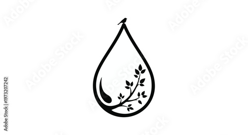 Water drop, represented by a stylized black outline, gracefully encloses a small, leafy plant branch, symbolizing organic growth, environmental sustainability, and natural purity in a clear.