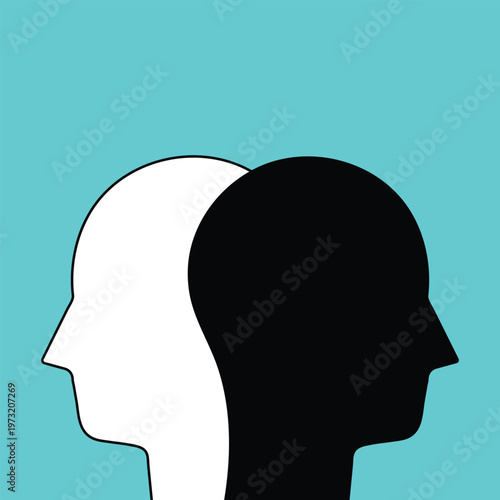 Two white and black head silhouettes on turquoise blue background. psychology, diversity, tolerance and opposites concept. flat design. eps 8 vector illustration, no transparency, no gradients . 