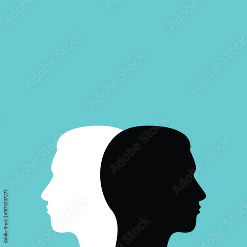 Two white and black head silhouettes on turquoise blue background. psychology, diversity, tolerance and opposites concept. flat design. eps 8 vector illustration, no transparency, no gradients . 