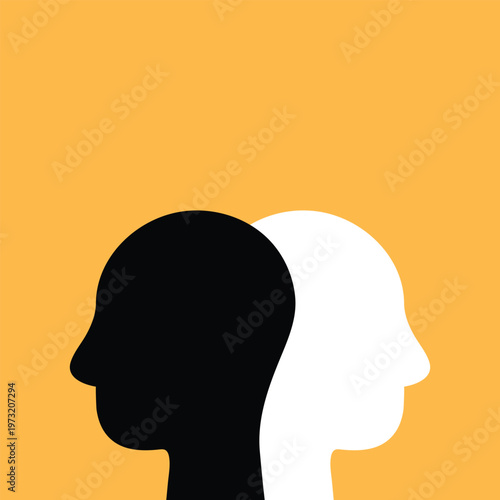 Two white and black head silhouettes on turquoise blue background. psychology, diversity, tolerance and opposites concept. flat design. eps 8 vector illustration, no transparency, no gradients . 