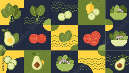 Vibrant salad ingredients in a colorful grid pattern with vegetables and fruits