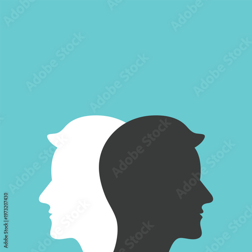 Two white and black head silhouettes on turquoise blue background. psychology, diversity, tolerance and opposites concept. flat design. eps 8 vector illustration, no transparency, no gradients . 