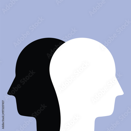 Two white and black head silhouettes on turquoise blue background. psychology, diversity, tolerance and opposites concept. flat design. eps 8 vector illustration, no transparency, no gradients . 