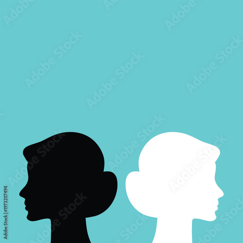 Two white and black head silhouettes on turquoise blue background. psychology, diversity, tolerance and opposites concept. flat design. eps 8 vector illustration, no transparency, no gradients . 