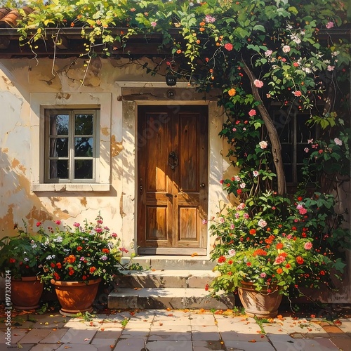 A quaint house entrance with flowers