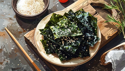 A plate of seasoned seaweed on a wooden cutting board