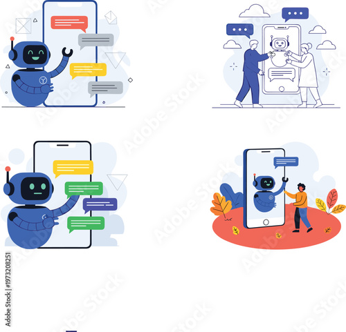 Chatbot and AI Communication Illustration Set with Message Conversations, Virtual Assistance, and Technology Integration for Digital and Customer Support Designs