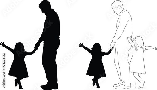 PrintFather and daughter silhouettes and line art collection featuring happy family moments fatherhood bond man and child girl flavector vector illustrations
