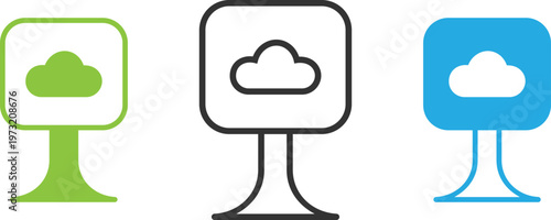 Cloud Monitor Display Icon, Cloud Computing and Data Visualization Symbol, Server and Technology UI Icon, Line and Solid Style