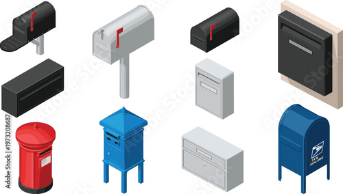 Postal Mailbox Collection Featuring Street Post Boxes Wall Mounted Letter Slots and Modern Mail Containers for Delivery Service Communication Illustration Set