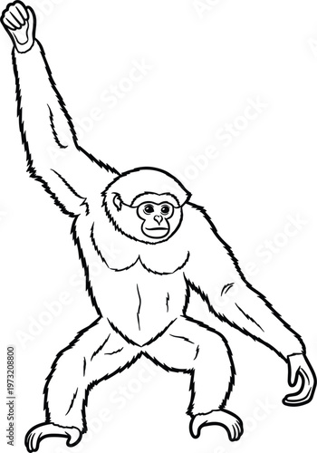 Line Art of a Gibbon with Arm Raised in a Strong Pose, Primate Outline Illustration for Wildlife, Nature, and Animal Graphics