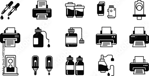Printer Ink Cartridge and Refill Line Icon Collection Featuring Ink Bottles Drops Printing Devices and Office Equipment for Technology Illustration Design Set