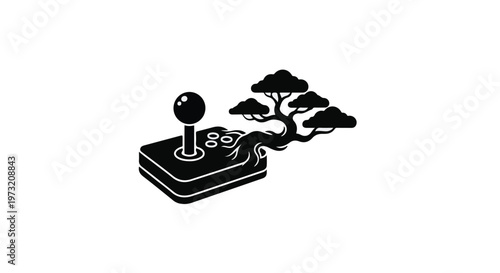 Arcade joystick controller illustration creatively merges with a traditional bonsai tree, symbolizing a unique blend of vintage gaming culture and natural tranquility on a clean white background.
