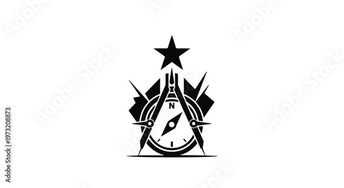 A striking black and white emblem features a prominent star atop a detailed compass, which is encircled by a drafting compass, all set against abstract geometric shapes, symbolizing guidance.