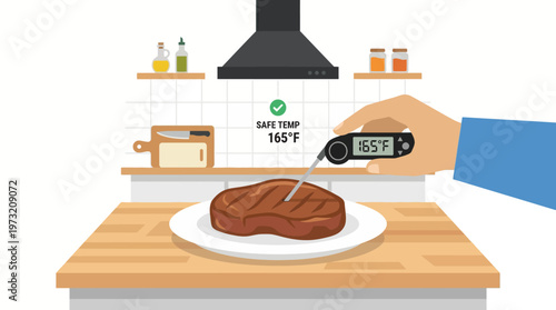Checking the Internal Temperature of Cooked Steak with Thermometer.