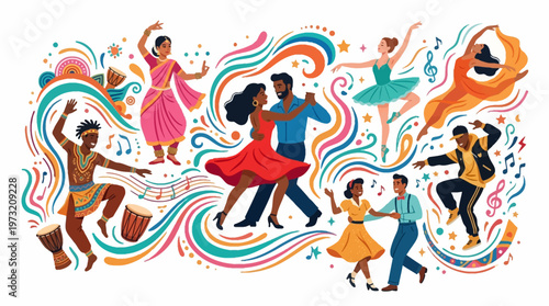 Stylized vector art for the Global Dance Festival features diverse characters in motion, with a vibrant palette and swirling decorative elements, set against a white background, celebrating
