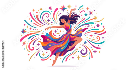 A vibrant vector illustration celebrates International Dance Day, showcasing a graceful female character in a flowing, multicolored dress dancing against a burst of celebratory star-shaped