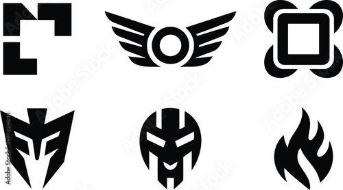 Collection of stylized black graphic symbols and icons including abstract shapes and warrior helmets isolated on white