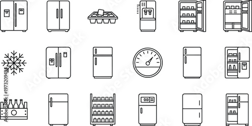 Refrigerator and Kitchen Appliance Line Icon Set Featuring Fridge Freezer Cooling System Storage Units and Household Equipment for Home Illustration Design Collection