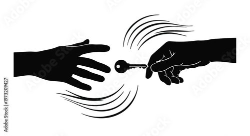 Silhouetted hands engage in a symbolic exchange, with one hand presenting a small, old-fashioned key to another outstretched hand, suggesting concepts of access, transfer, or mutual agreement.